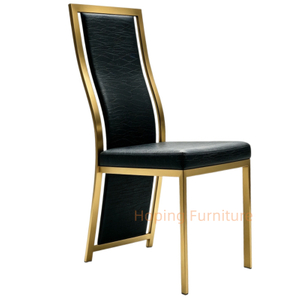Tall High Back Dining Chairs Gold Stainless Steel Banquet Chairs Black Textured Upholstered Wedding Furniture Metal Leather Restaurant Chairs