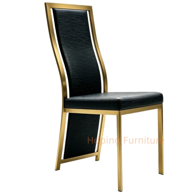 Tall High Back Dining Chairs Gold Stainless Steel Banquet Chairs Black Textured Upholstered Wedding Furniture Metal Leather Restaurant Chairs