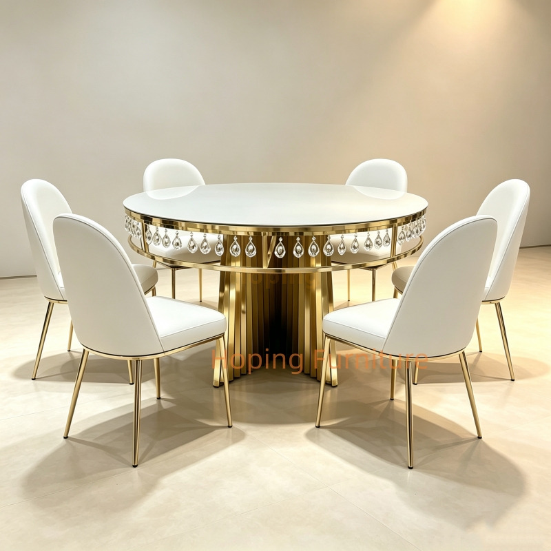 Round Banquet Dining Table Black Glass Top Gold Slatted Stainless Steel Base Event Table