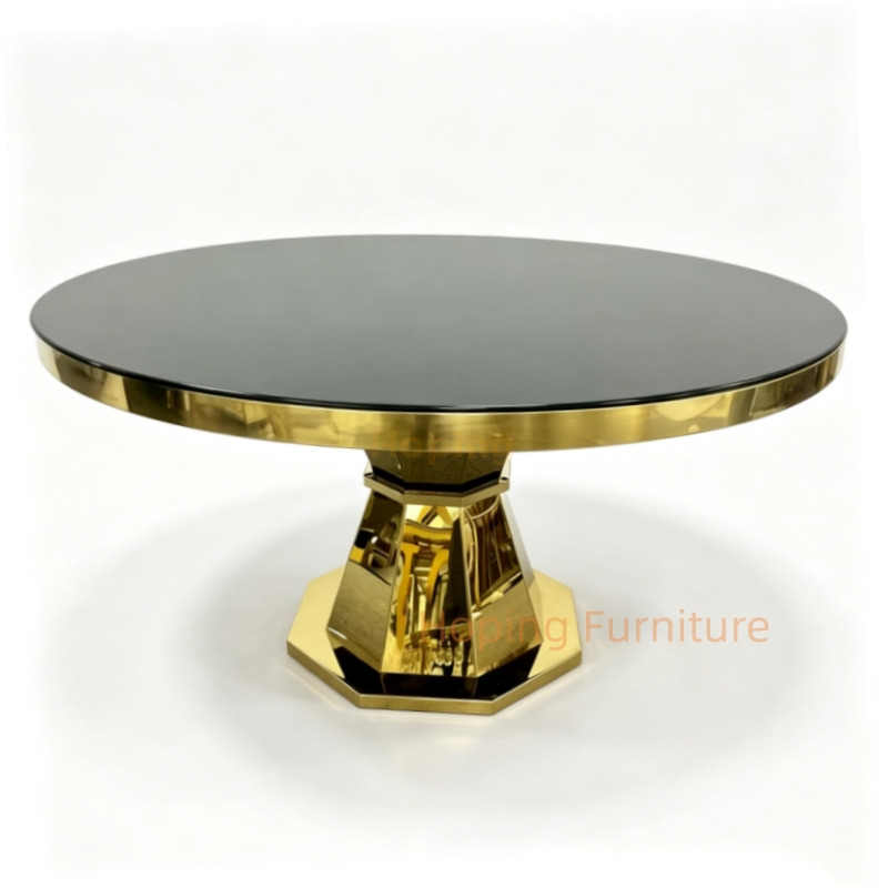 Gold Stainless Steel Round Wedding Table with Crystal Decoration Black Glass Top Event Banquet Table