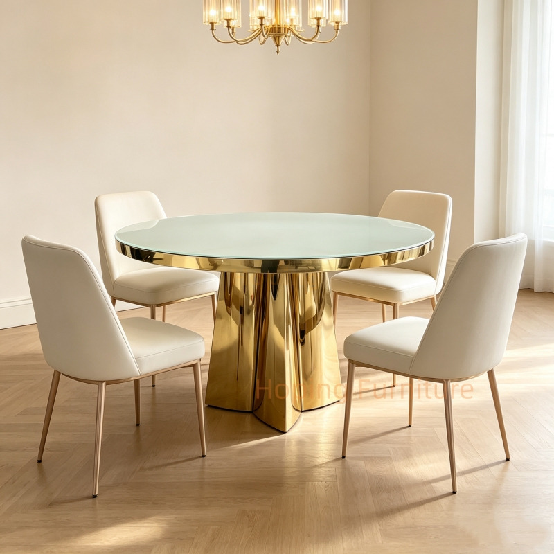 Luxury Round Dining Table Mirror Gold Stainless Steel Four-Petal Base Frosted Tempered Glass Top Modern Home Banquet Table