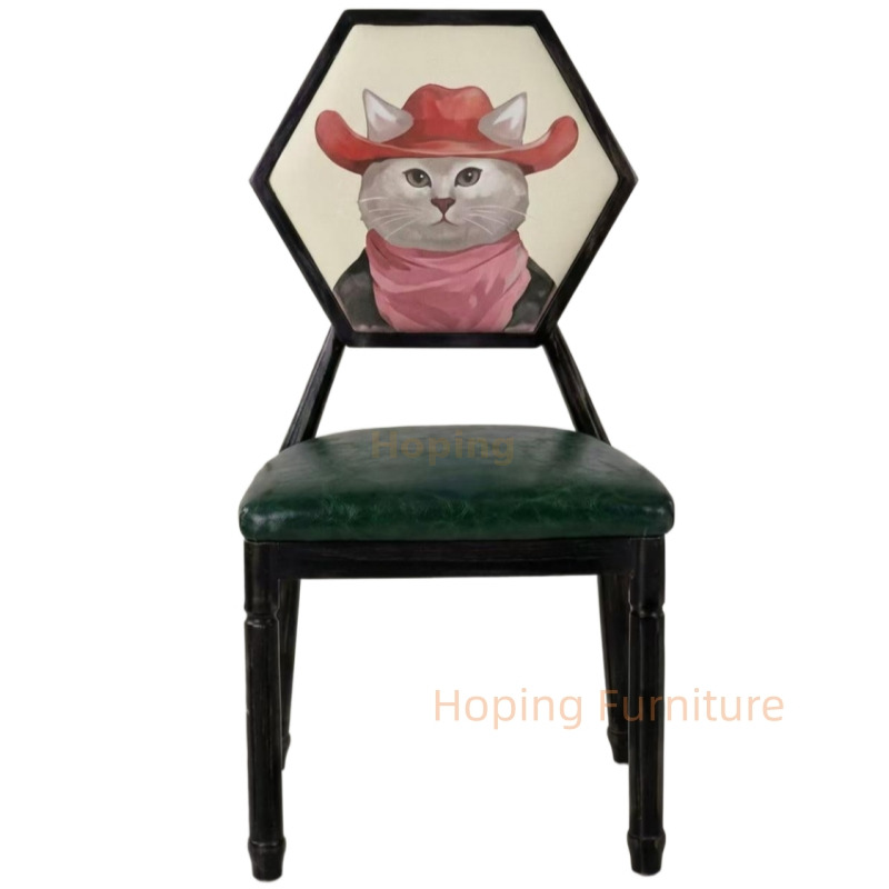 Vintage Hexagonal Printed Back PU Dining Chairs Antique Metal Leisure Furniture Cafe Milk Tea Shop Makeup Room Chairs