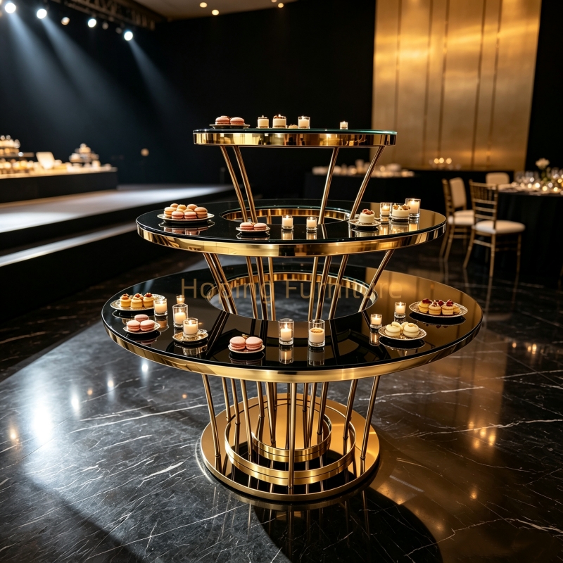 3 Tier Round Gold Stainless Steel Wedding Cake Table Black Glass Tiered Dessert Display Table with Floral Decor for Banquet Party Event Display Table