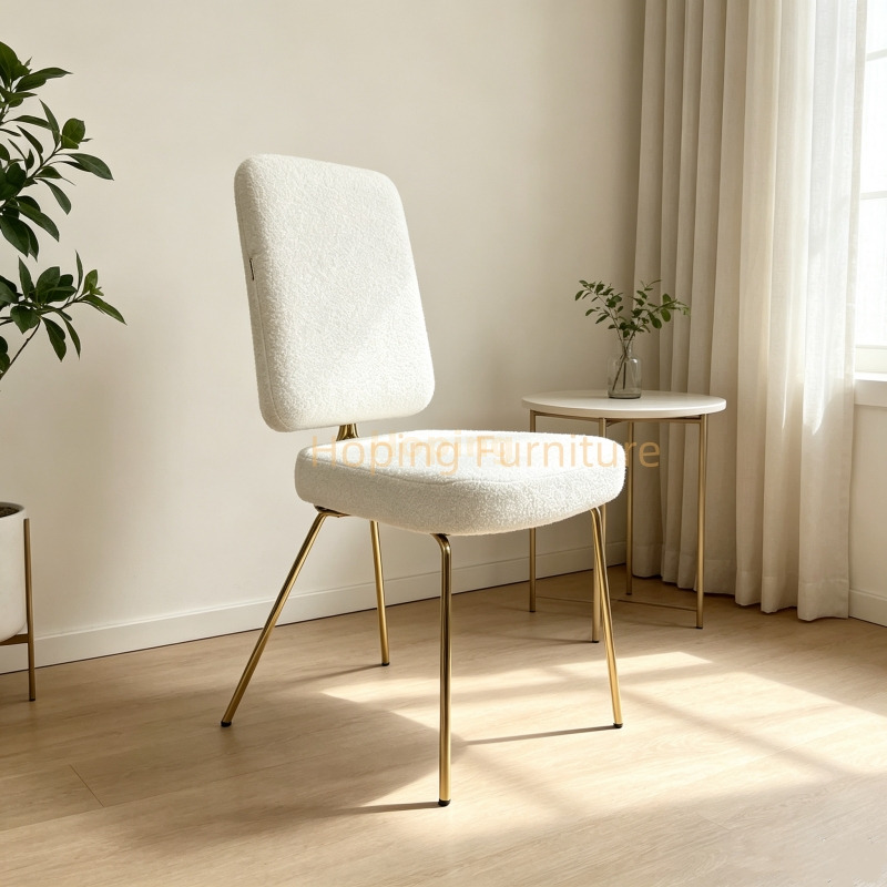 White Teddy Fabric Dining Chair Gold Metal X Shaped Back Frame Upholstered Side Chair Event Banquet Wedding Party Stainless Steel Frame Dining Chair