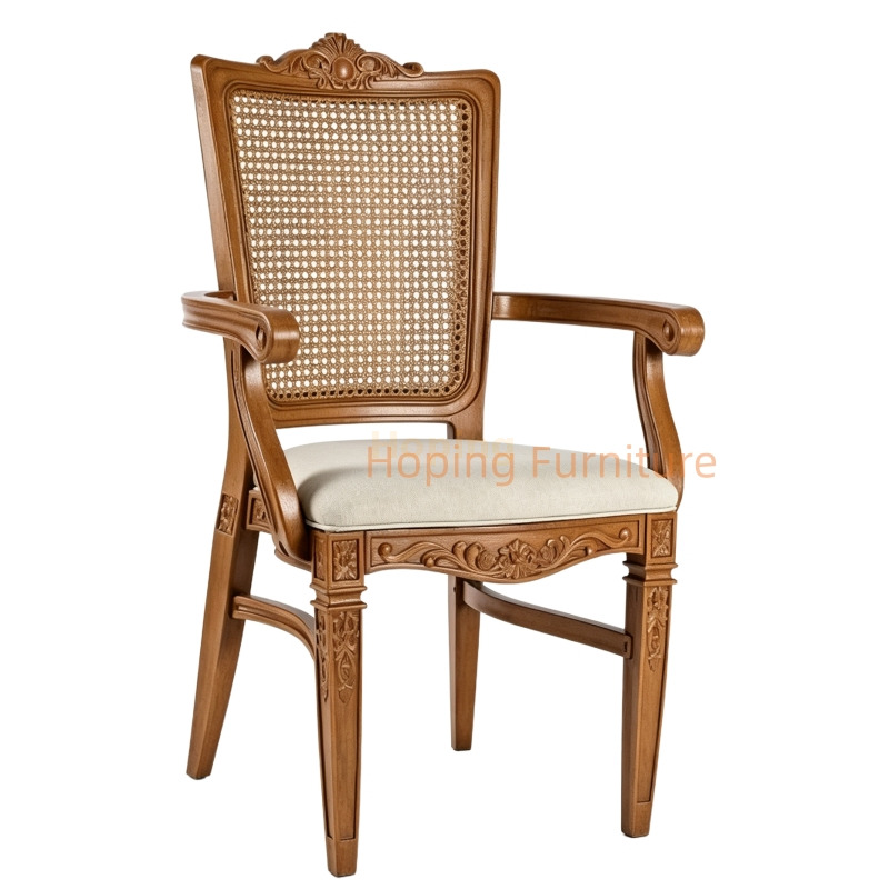 French Carved Cane Back Dining Chair Upholstered Cushion for Wedding Banquet Home
