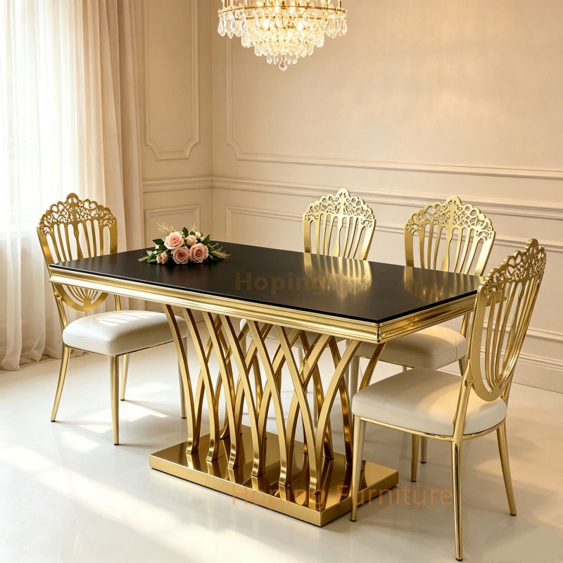 Wholesale Rectangle Dining Table Black Glass Top Shiny Gold Stainless Steel Interlaced Curve Leg Banquet Table