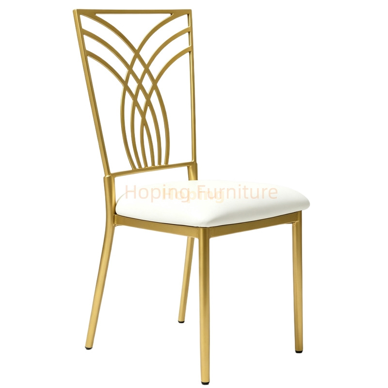 Gold Metal Art Deco Back Dining Chair with White Cushion for Wedding Banquet Events New Design China Iron Chair Hotel Chairs Banquet Metal Wedding Chair