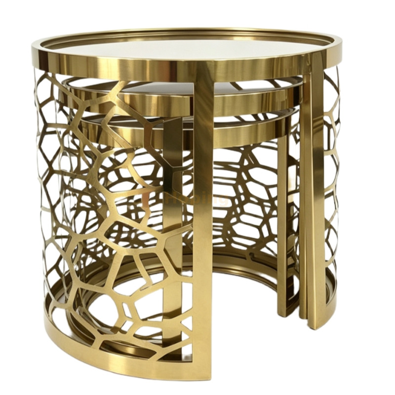 3 PCS Nesting Gold Stainless Steel Side Table Set Hollow Pattern Round End Tables Combine or Separate Use Luxury Accent Table for Hotel Living Room Coffee Table