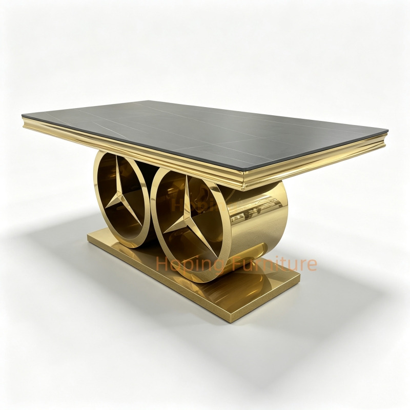 Wholesale High End Banquet Dining Table Eye Catching Twin Circular Gold Stainless Steel Base Rectangular Dining Table for Wedding Event Restaurant Dining Table