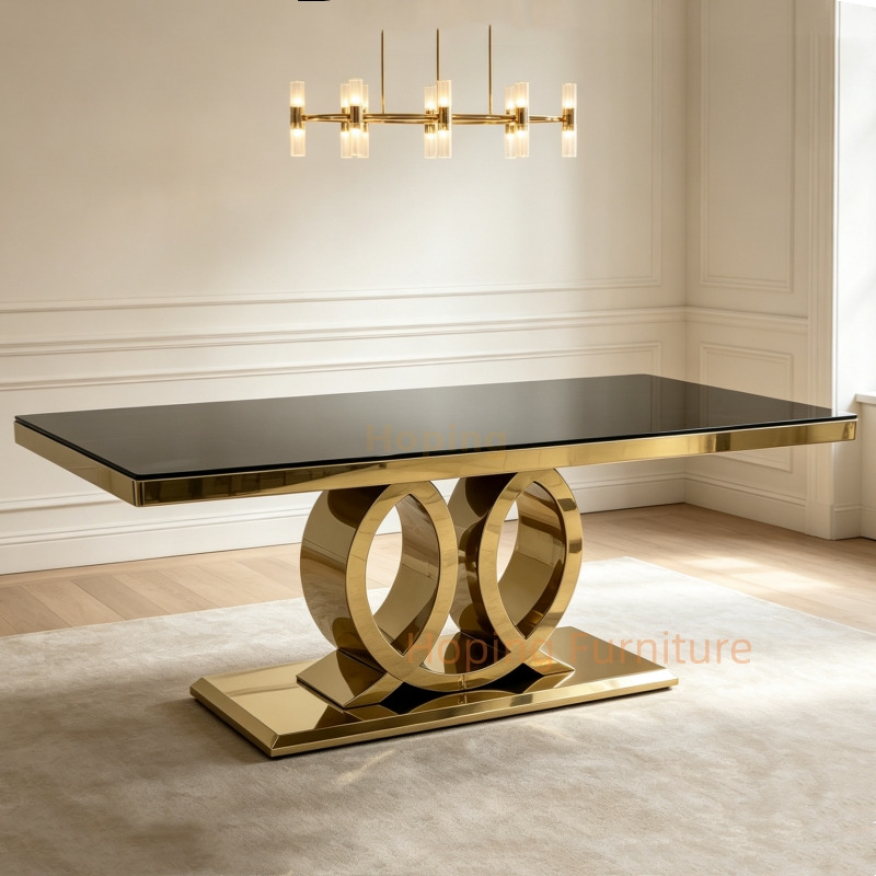 Modern Living Room Hotel Furniture Luxury Gold Stainless Steel Dining Table Black Glass Top Artistic Hollow Metal Base for Wedding Banquet Hotel
