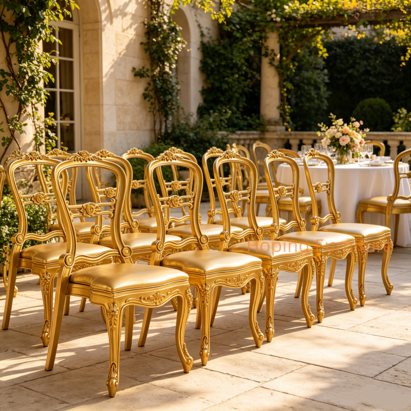 European Royal Style Golden Frame PP Dining Chair Padded Seat Party Chair for Hotel Reception Outdoor Chair