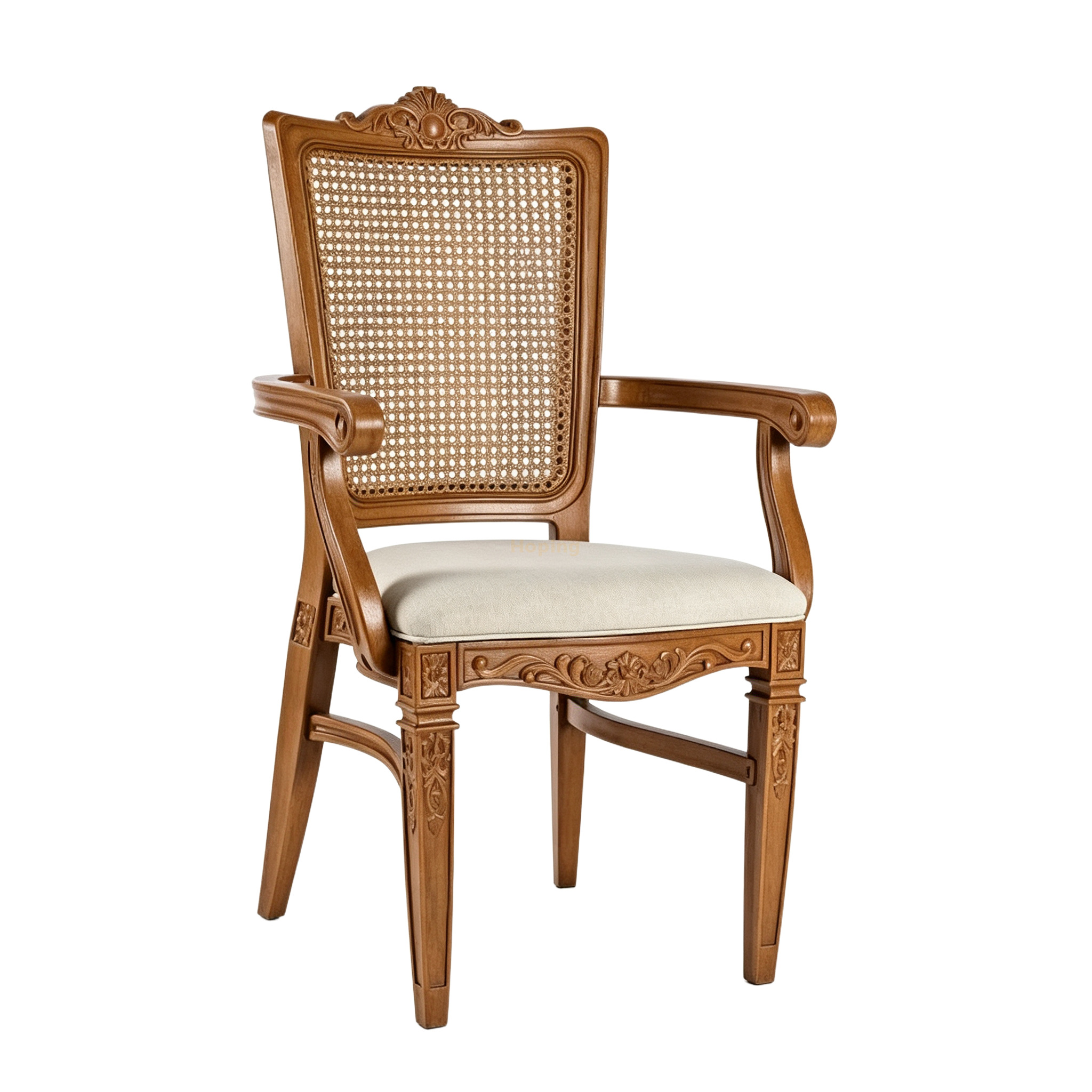 Vintage Carved Plastic Dining Arm Chair Imitation Rattan Back Fabric Padded Seat for Wedding Event Rental Dining Chair