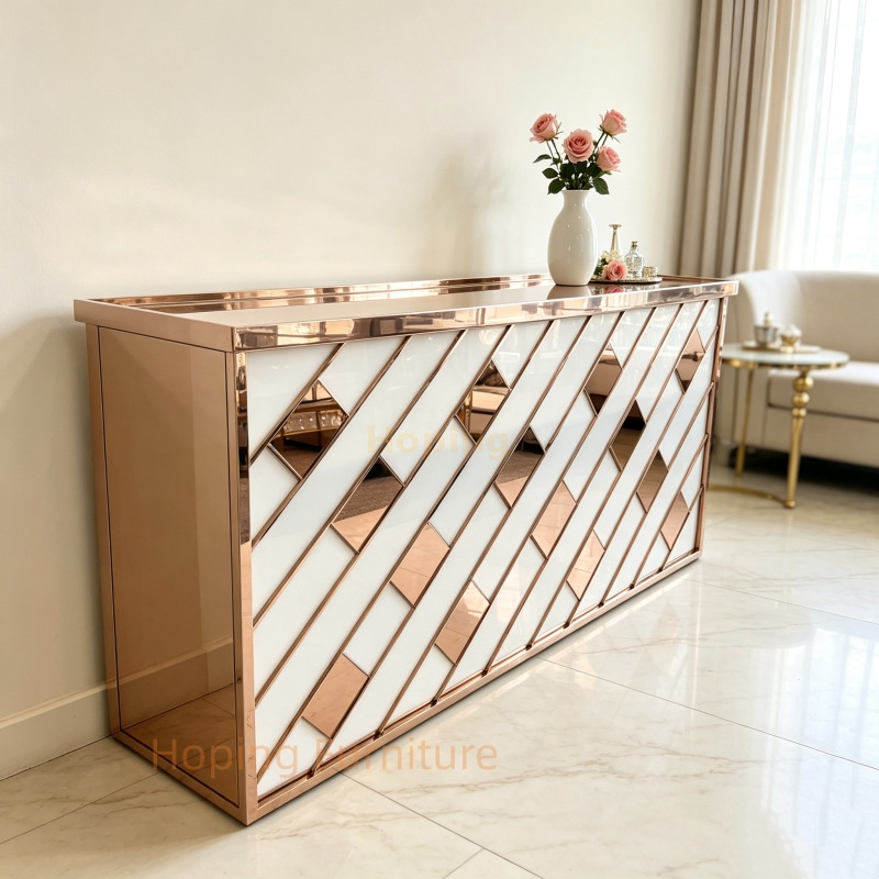 Wedding Event Furniture Rose Gold Stainless Steel Frame Acrylic Panel Console Side Table Console Dressing Glass Table Laser Cutting Luxury Living Room Table