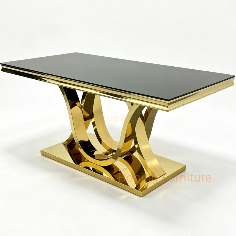 Modern Luxury Black Glass Rectangular Dining Table Shiny Gold Stainless Steel Twisted Interlocking Legs Restaurant Table for Wedding Hotel Home Use Table