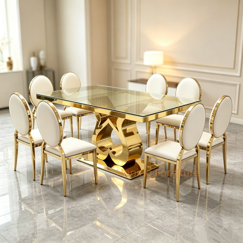 Luxury Square Table for 8 Rectangular Dining Table with Tempered Glass Unique Sculpted Mirror Gold Stainless Steel Base for Villa Hotel Banquet Table