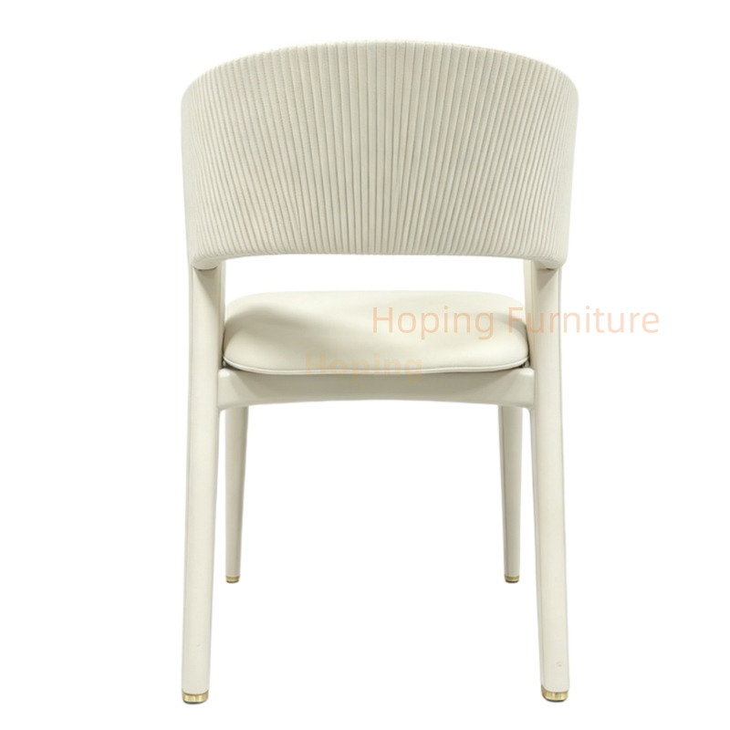Cream PU Leather Dining Chair Vertical Striped Backrest Gold Decorative Accent Dining Side Chair Contemporary White PU Restaurant Chair