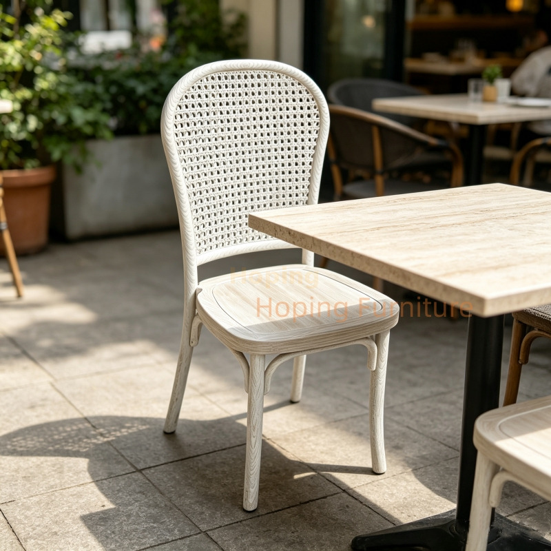 Off White Imitated Rattan Plastic Side Chair Retro Cafe Dining Chair for Hospitality Patio Use Outdoor Chair