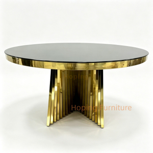 Round Banquet Dining Table Black Glass Top Gold Slatted Stainless Steel Base Event Table