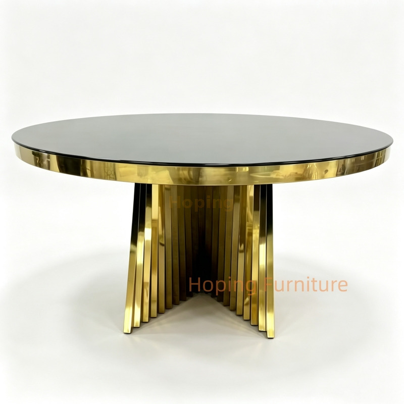 Round Banquet Dining Table Black Glass Top Gold Slatted Stainless Steel Base Event Table