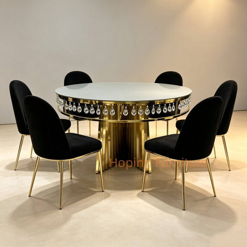 Round Banquet Dining Table Black Glass Top Gold Slatted Stainless Steel Base Event Table