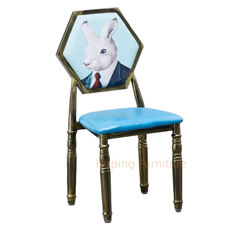 Vintage Hexagonal Printed Back PU Dining Chairs Antique Metal Leisure Furniture Cafe Milk Tea Shop Makeup Room Chairs