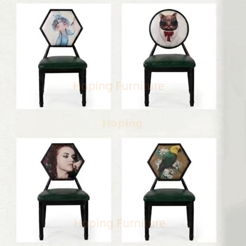 Vintage Hexagonal Printed Back PU Dining Chairs Antique Metal Leisure Furniture Cafe Milk Tea Shop Makeup Room Chairs