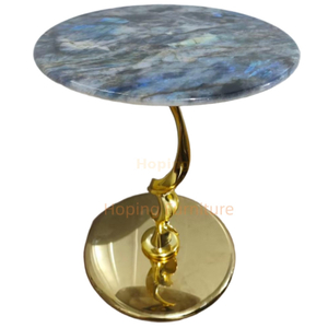 Luxury Round Blue Stone Top with Twisted Gold Metal Base Accent End Table