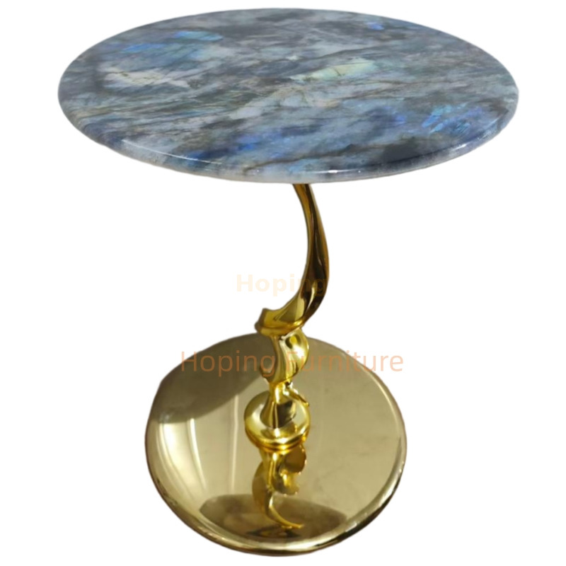 Luxury Round Blue Stone Top with Twisted Gold Metal Base Accent End Table
