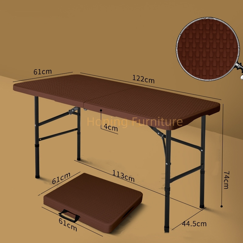Lightweight Dining and Writing Desk Portable Folding Table Brown Rattan Grain Rectangular Desk for Outdoor Camping Home Use Vendor Stall Table