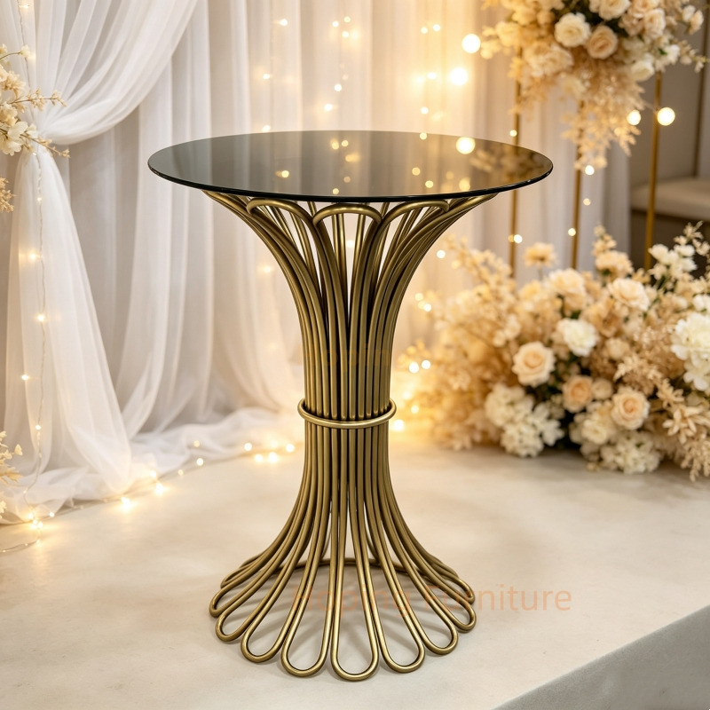 Luxury Round Black Glass High Cocktail Table with Golden Flower Shaped Metal Base Bar Table