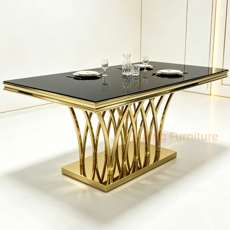 Wholesale Rectangle Dining Table Black Glass Top Shiny Gold Stainless Steel Interlaced Curve Leg Banquet Table