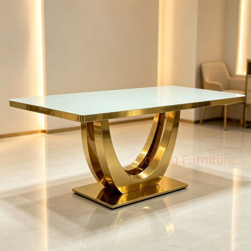 Modern Hotel Restaurant Home Dining Table with White Glass Top and Double U Shape Polished Golden Stainless Steel Structure 8 Person Table