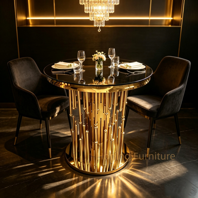 Luxury Round 2 Seater Dining Table for Home Hotel Banquet Events Round Cake Table Italy Gold Stainless Steel Black Glass Top Dining Table 80 Coffee Table