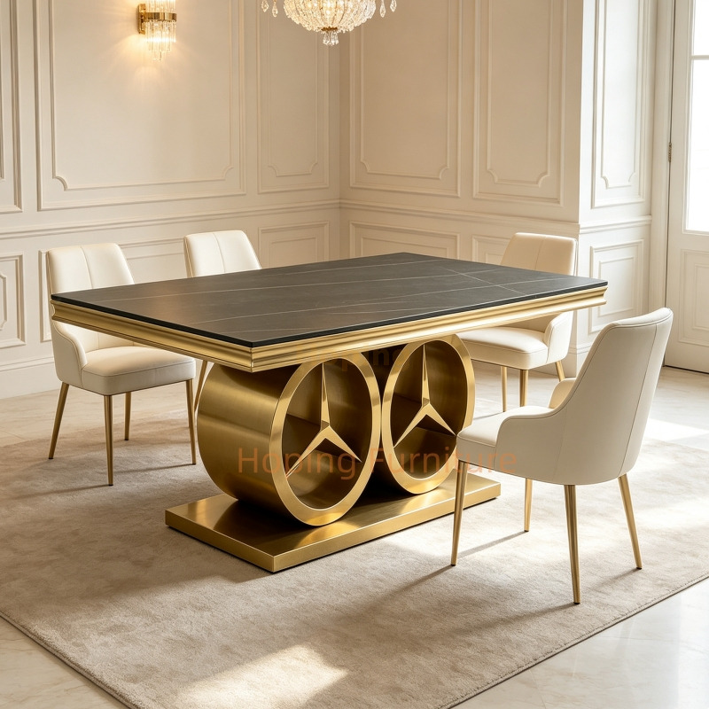 Wholesale High End Banquet Dining Table Eye Catching Twin Circular Gold Stainless Steel Base Rectangular Dining Table for Wedding Event Restaurant Dining Table