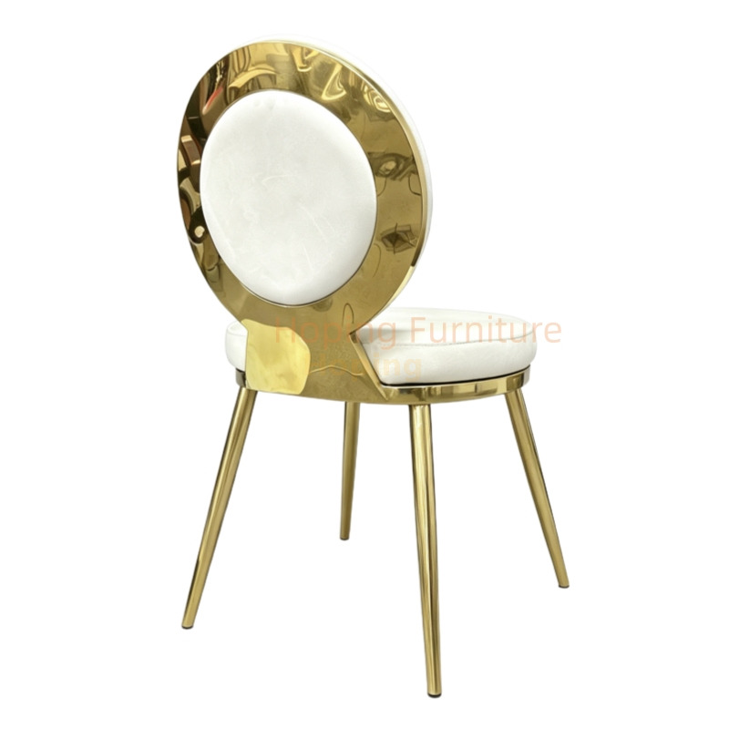 Gold Stainless Steel Dining Chair with Unique Hollow Round Back Frame White Velvet Upholstered Banquet Event Chair White Wedding Dining Chair