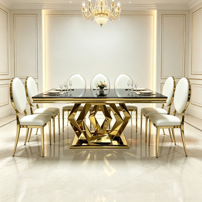 Modern Rectangular Dining Table Black Glass Top Shiny Gold Stainless Steel Diamond Shape Base Dining Furniture Wedding Table