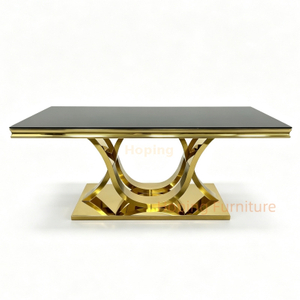 Modern Luxury Black Glass Rectangular Dining Table Shiny Gold Stainless Steel Twisted Interlocking Legs Restaurant Table for Wedding Hotel Home Use Table