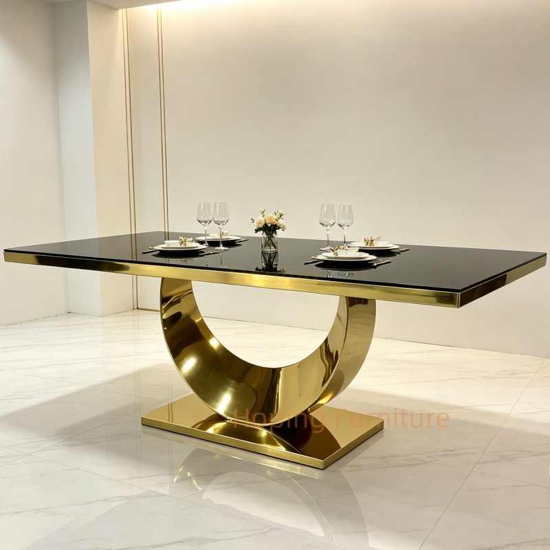 Modern Furniture Customized Foshan Supplier Factory Open Ring Gold Stand Black Glass Rectangular Luxury Dining Table