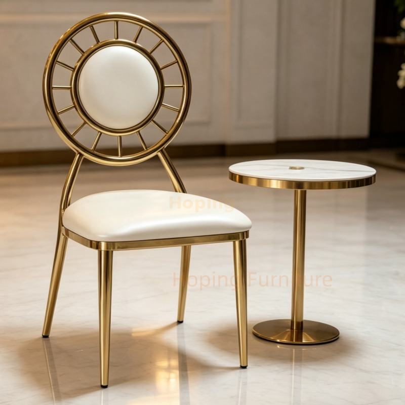 Luxury Sunburst Back Gold Iron Wedding Chair White PU Leather Round Event Chair for Banquet Hotel Party