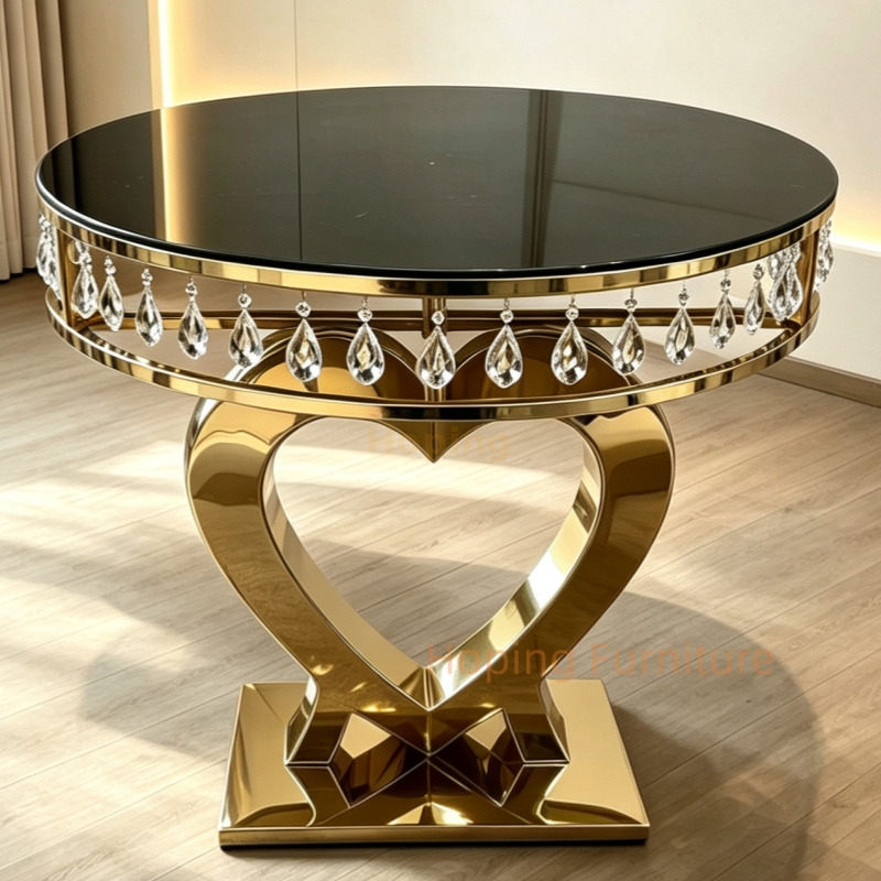 Gold Heart Shape Stainless Steel Dining Table Black Glass Top Crystal Pendant Wedding Banquet Round Table