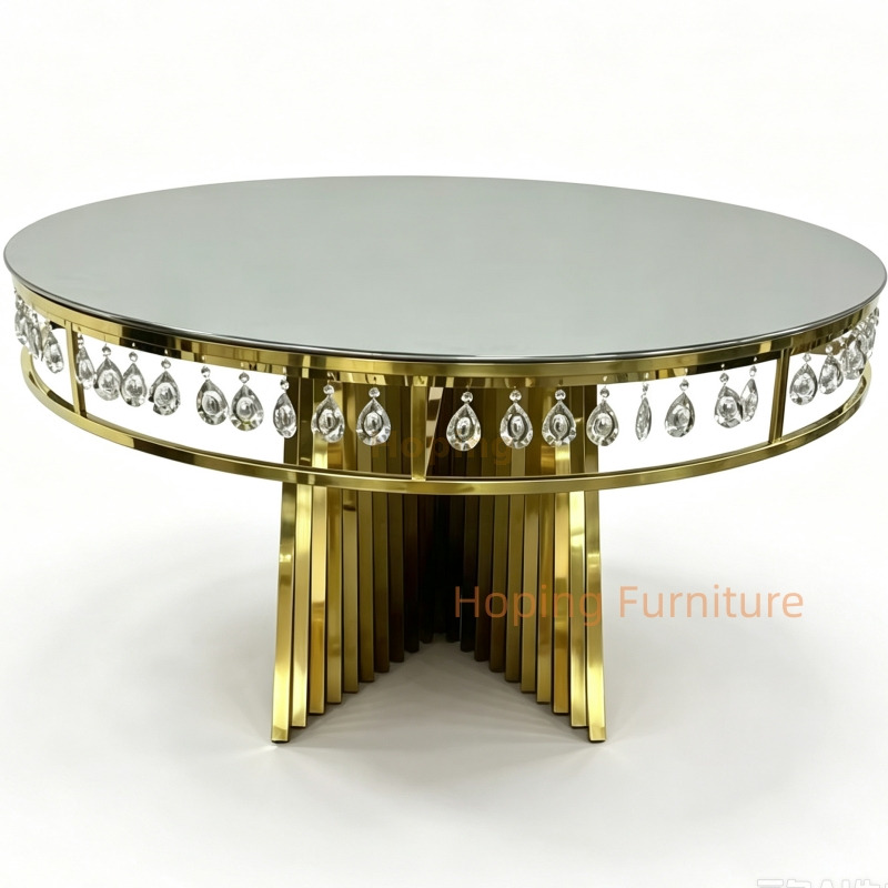 Round Banquet Dining Table Black Glass Top Gold Slatted Stainless Steel Base Event Table