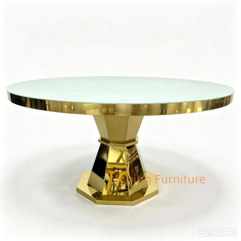 Gold Stainless Steel Round Wedding Table with Crystal Decoration Black Glass Top Event Banquet Table