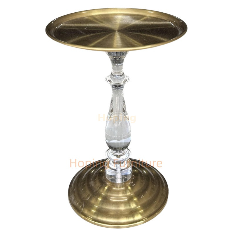 European Classic Carved Glass Top Side Table with Acrylic Leg Transparent Crystal Stem Gold Round Base Bedroom Nightstand
