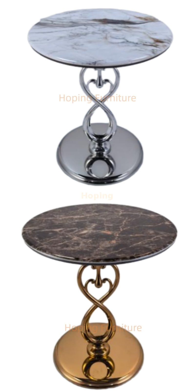 Residential House and Home Round Stone Top with Polished Rose Gold Beaded Pedestal End Table European Style Side Table