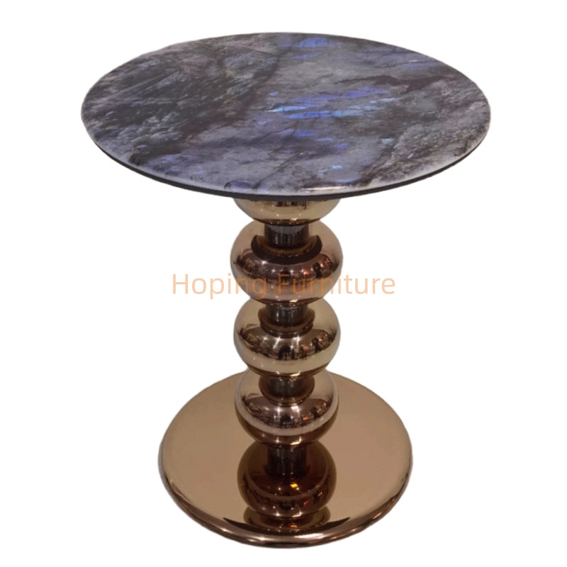 Residential House and Home Round Stone Top with Polished Rose Gold Beaded Pedestal End Table European Style Side Table