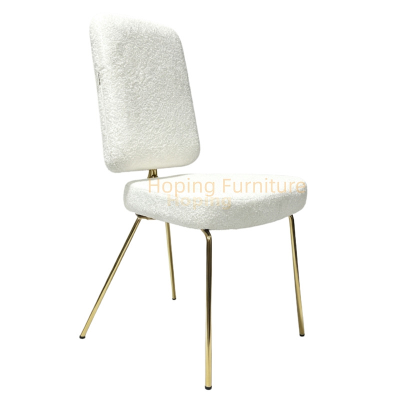 White Teddy Fabric Dining Chair Gold Metal X Shaped Back Frame Upholstered Side Chair Event Banquet Wedding Party Stainless Steel Frame Dining Chair