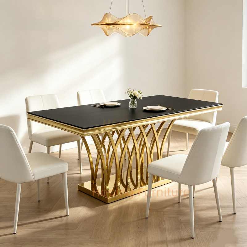 Wholesale Rectangle Dining Table Black Glass Top Shiny Gold Stainless Steel Interlaced Curve Leg Banquet Table