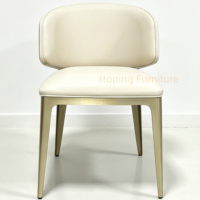 Modern Upholstered Dining Chair Champagne Gold Metal Leg Cream PU Leather Side Chair Stainless Steel White Leather Dining Chair for Hotels