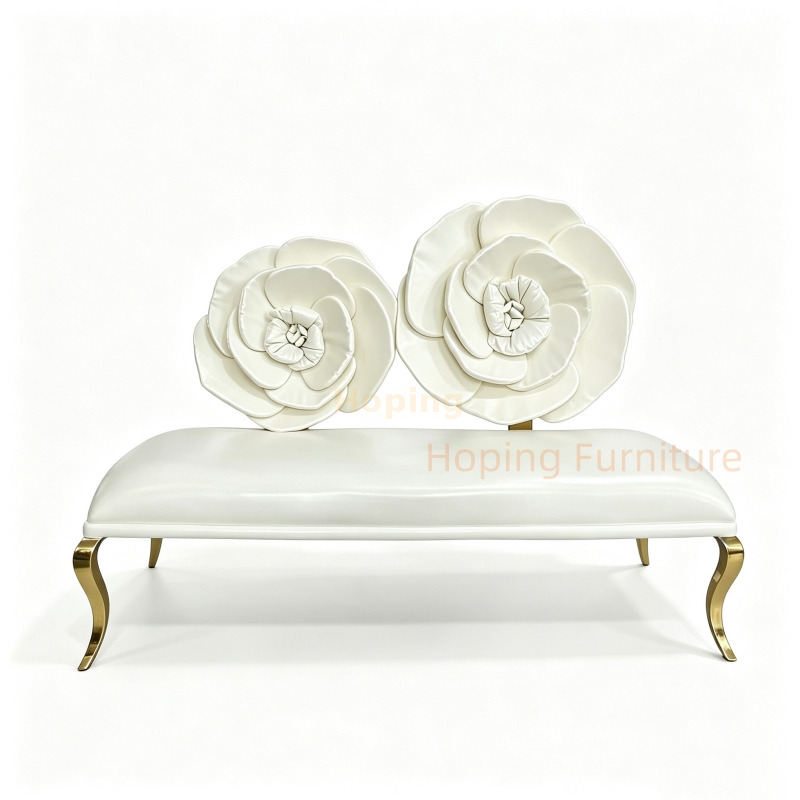 White Rose Flower Back Wedding Loveseat Bench Gold Metal Leg Bridal Wedding Sofa For Event Banquet King and Queen Rental Chairs Party Wedding Chairs
