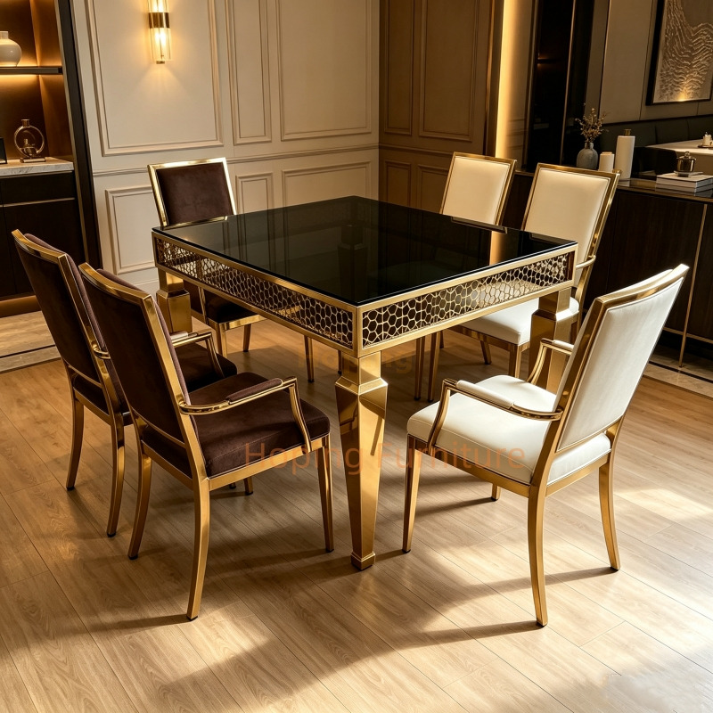 Gold Stainless Steel Square Dining Table 1.5m Black Glass Top Elegant Luxury Wedding Banquet Event Table